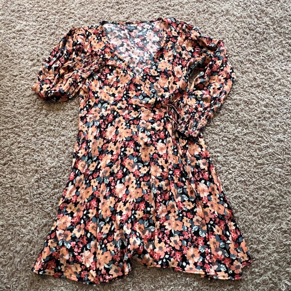 Wild Fable Womens Floral Long Sleeve Wrap Mini Dress Orange Pink Black Size M - Picture 2 of 4